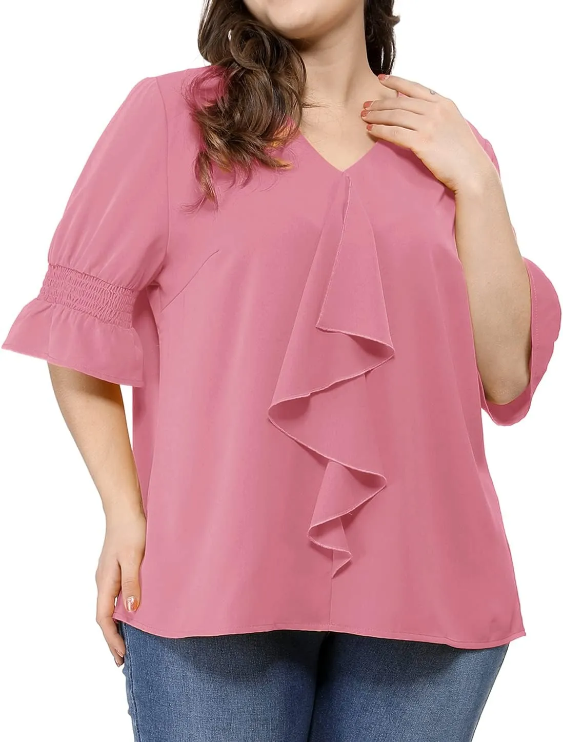 Agnes Orinda Women's Plus Size Tops V Neck Smocked Sleeve Ruffle Blouse Summer Tops