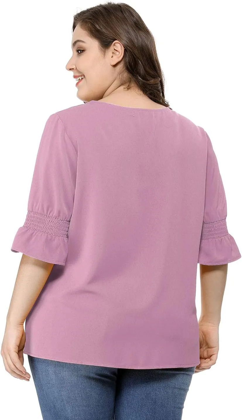 Agnes Orinda Women's Plus Size Tops V Neck Smocked Sleeve Ruffle Blouse Summer Tops