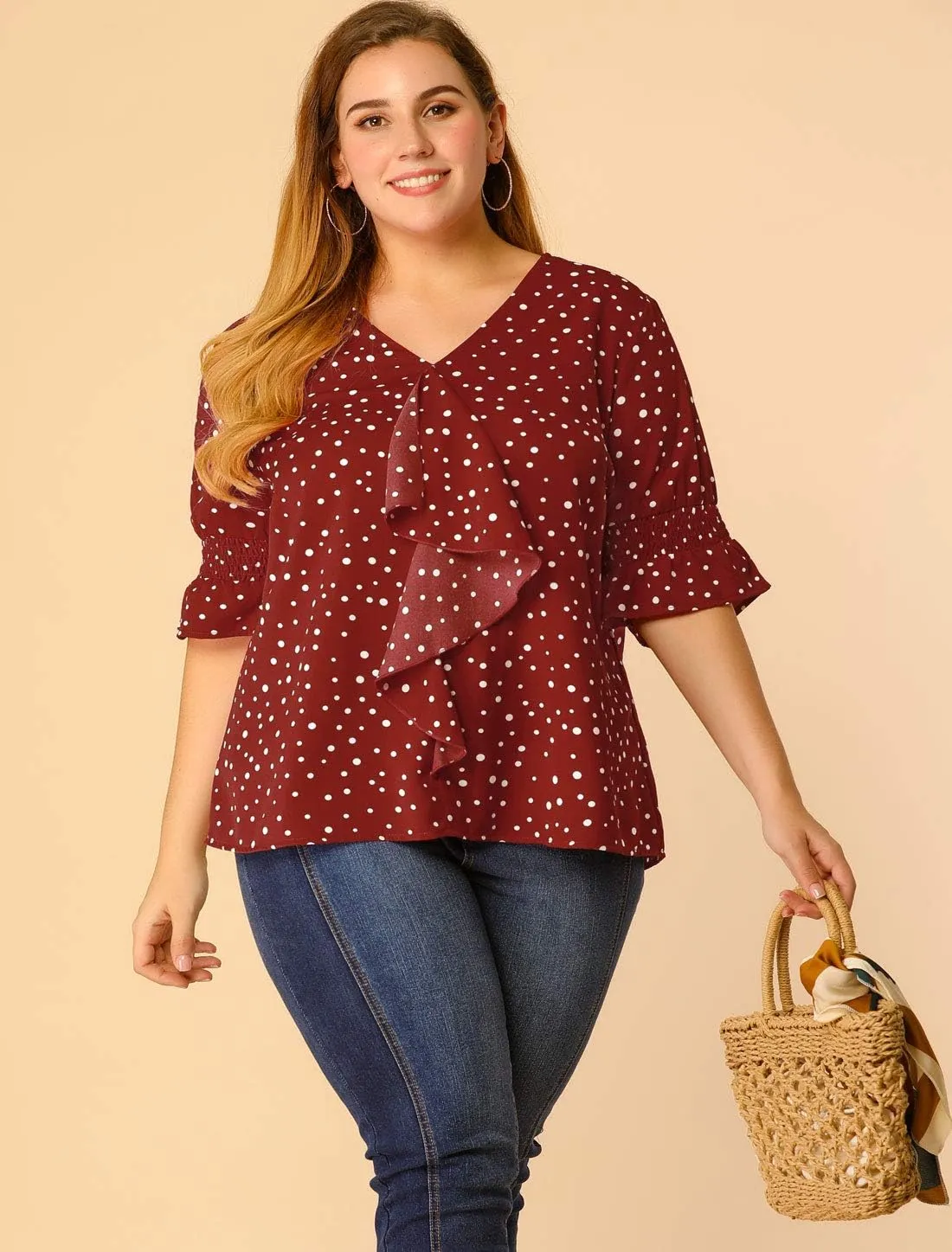 Agnes Orinda Women's Plus Size Tops V Neck Smocked Sleeve Ruffle Blouse Summer Tops
