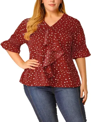 Agnes Orinda Women's Plus Size Tops V Neck Smocked Sleeve Ruffle Blouse Summer Tops