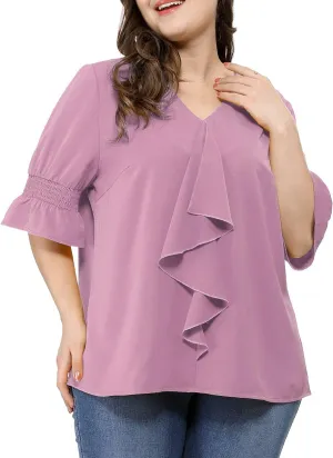 Agnes Orinda Women's Plus Size Tops V Neck Smocked Sleeve Ruffle Blouse Summer Tops