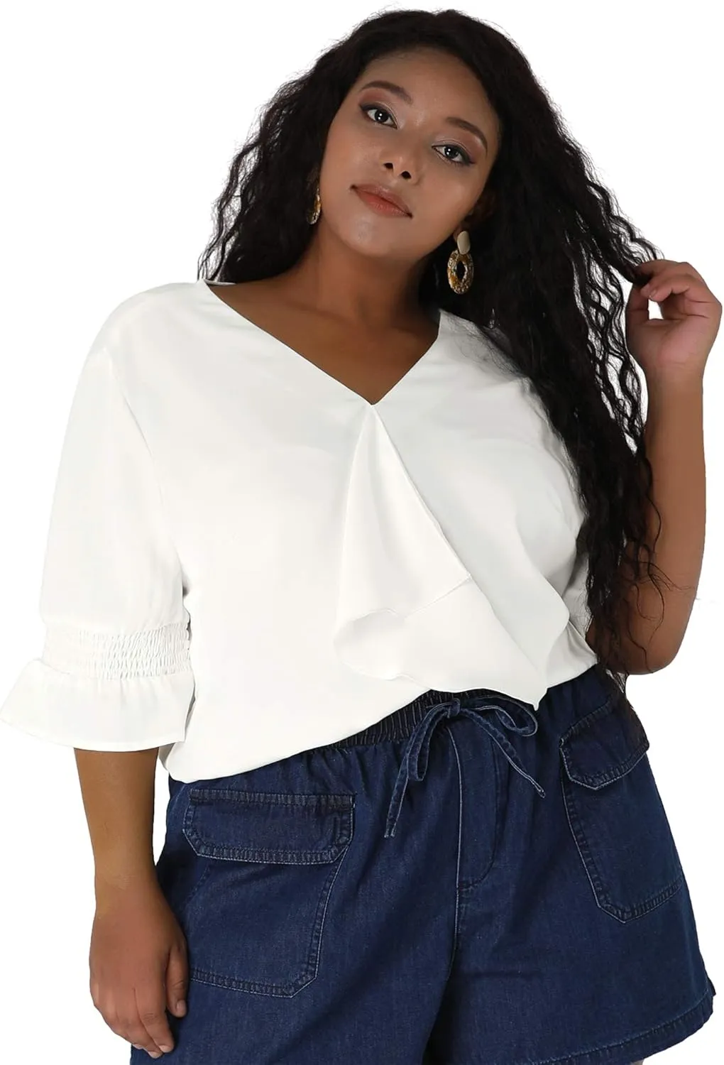 Agnes Orinda Women's Plus Size Tops V Neck Smocked Sleeve Ruffle Blouse Summer Tops