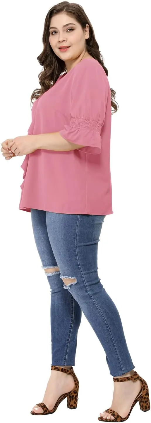 Agnes Orinda Women's Plus Size Tops V Neck Smocked Sleeve Ruffle Blouse Summer Tops