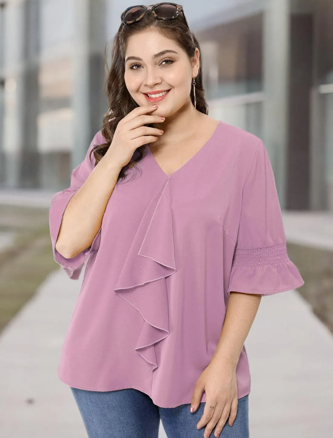 Agnes Orinda Women's Plus Size Tops V Neck Smocked Sleeve Ruffle Blouse Summer Tops