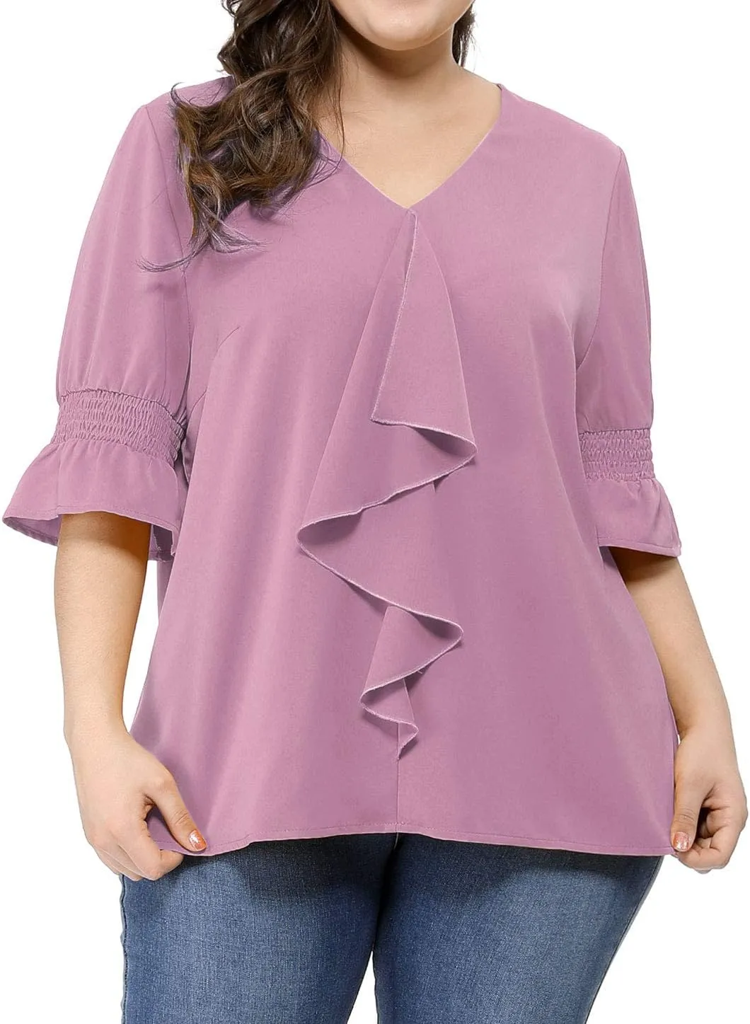 Agnes Orinda Women's Plus Size Tops V Neck Smocked Sleeve Ruffle Blouse Summer Tops