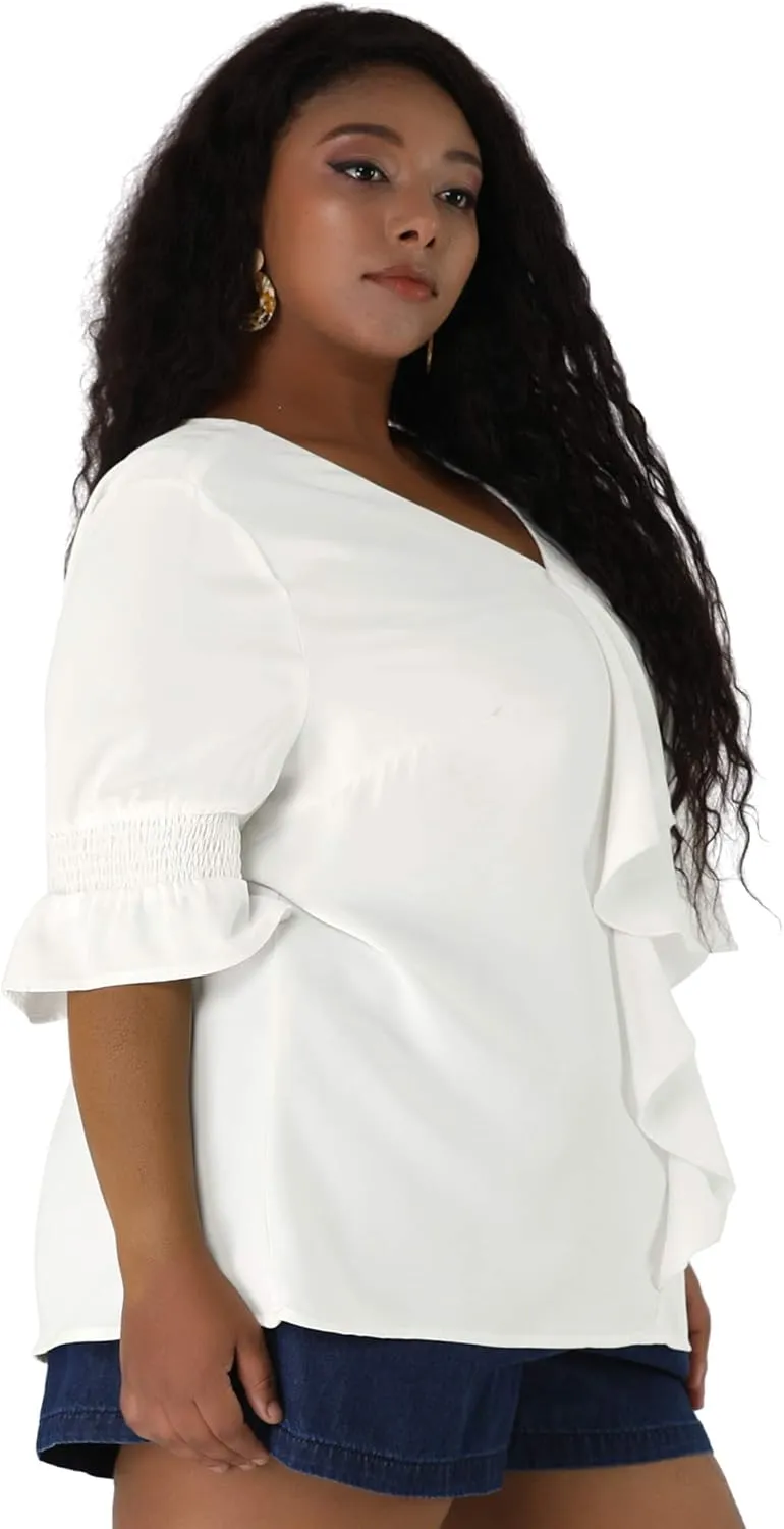 Agnes Orinda Women's Plus Size Tops V Neck Smocked Sleeve Ruffle Blouse Summer Tops