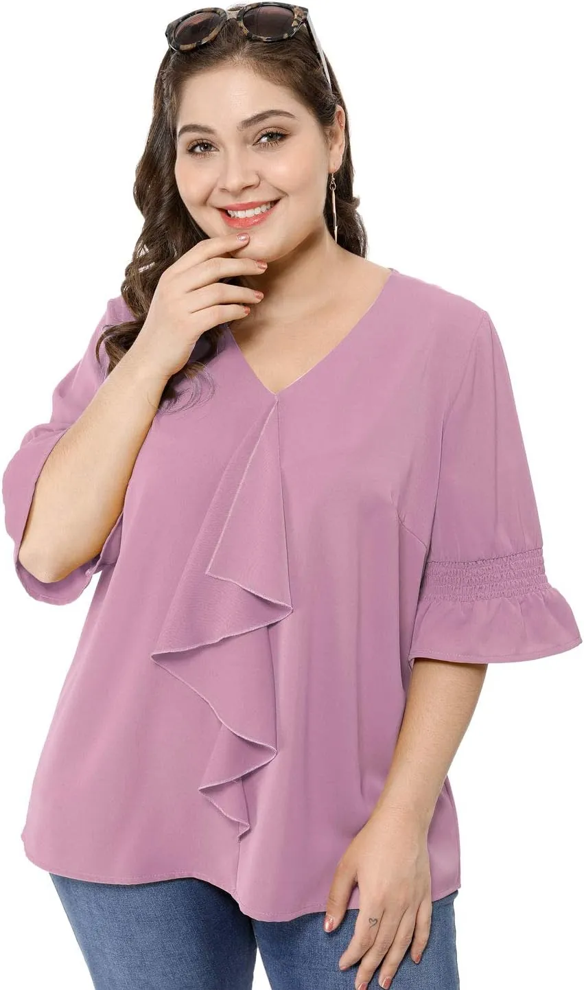 Agnes Orinda Women's Plus Size Tops V Neck Smocked Sleeve Ruffle Blouse Summer Tops