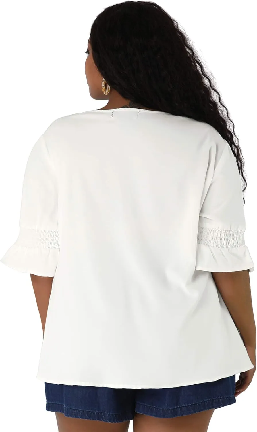 Agnes Orinda Women's Plus Size Tops V Neck Smocked Sleeve Ruffle Blouse Summer Tops