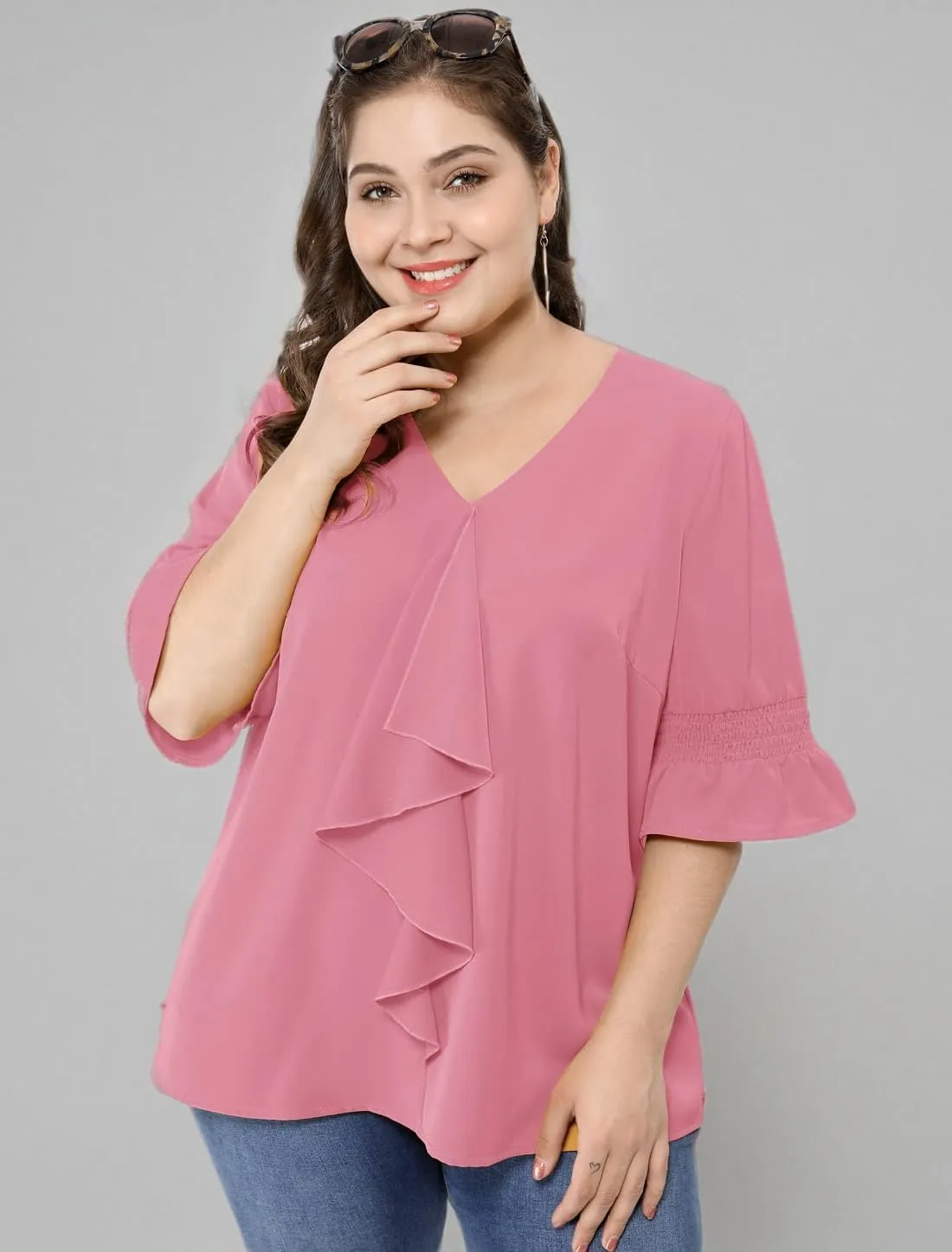Agnes Orinda Women's Plus Size Tops V Neck Smocked Sleeve Ruffle Blouse Summer Tops