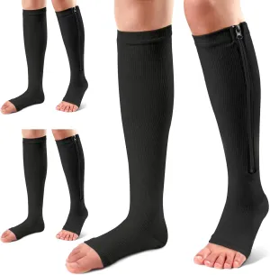 Ailaka 3 Pairs Compression Socks with Zipper, 15-20 mmHg Medical Knee High Compression Socks for Men Women, Open Toe Socks for Varicose Veins, Edema, Recovery