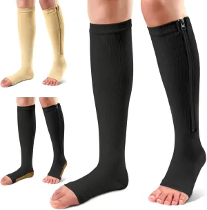 Ailaka 3 Pairs Compression Socks with Zipper, 15-20 mmHg Medical Knee High Compression Socks for Men Women, Open Toe Socks for Varicose Veins, Edema, Recovery