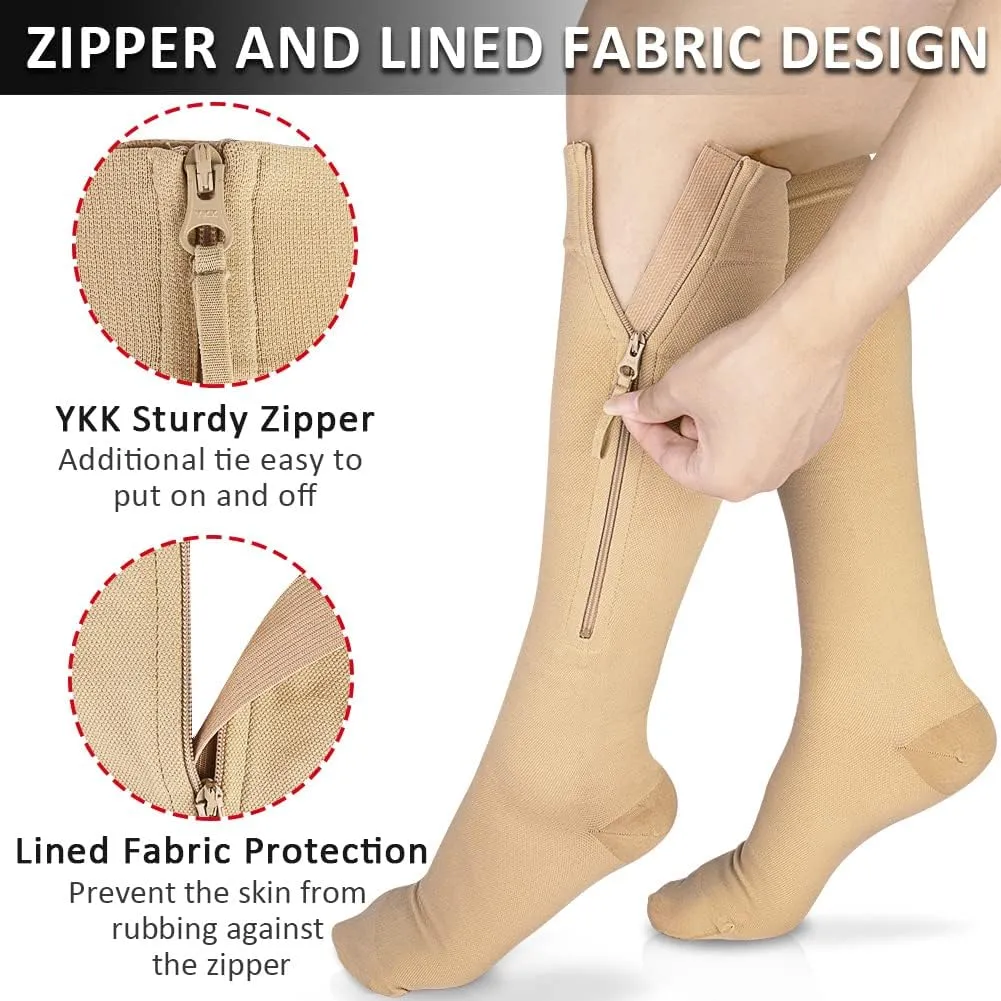 Ailaka Zipper Compression Socks Medical, 15-20 mmHg Knee High Compression Socks for Men Women, Close Toe Support Socks for Varicose Veins, Edema, Recovery, Pregnant, Nurse