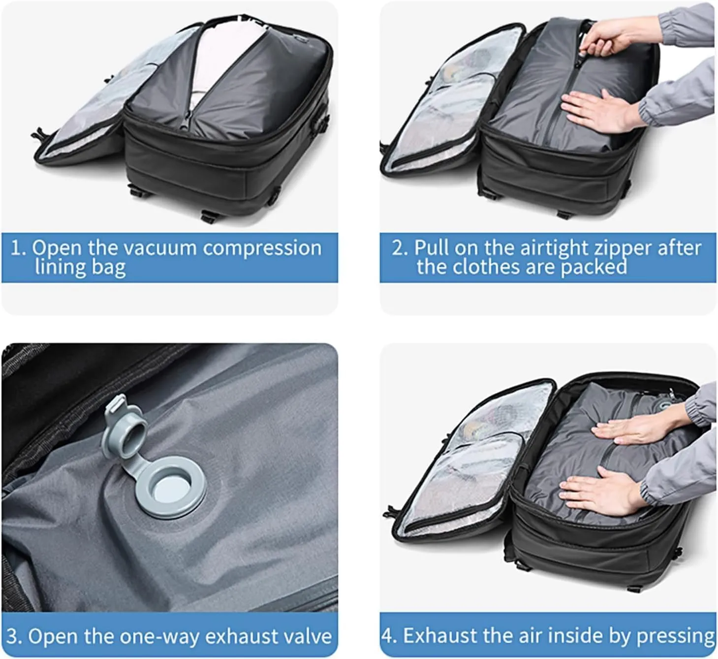 Airback Backpack with Pump 60L Expandable Vacuum Seal Compression Travel Backpacks Water Resistant 17 inch School Laptop Backpack for Airplane (Grey, With Air Pump)