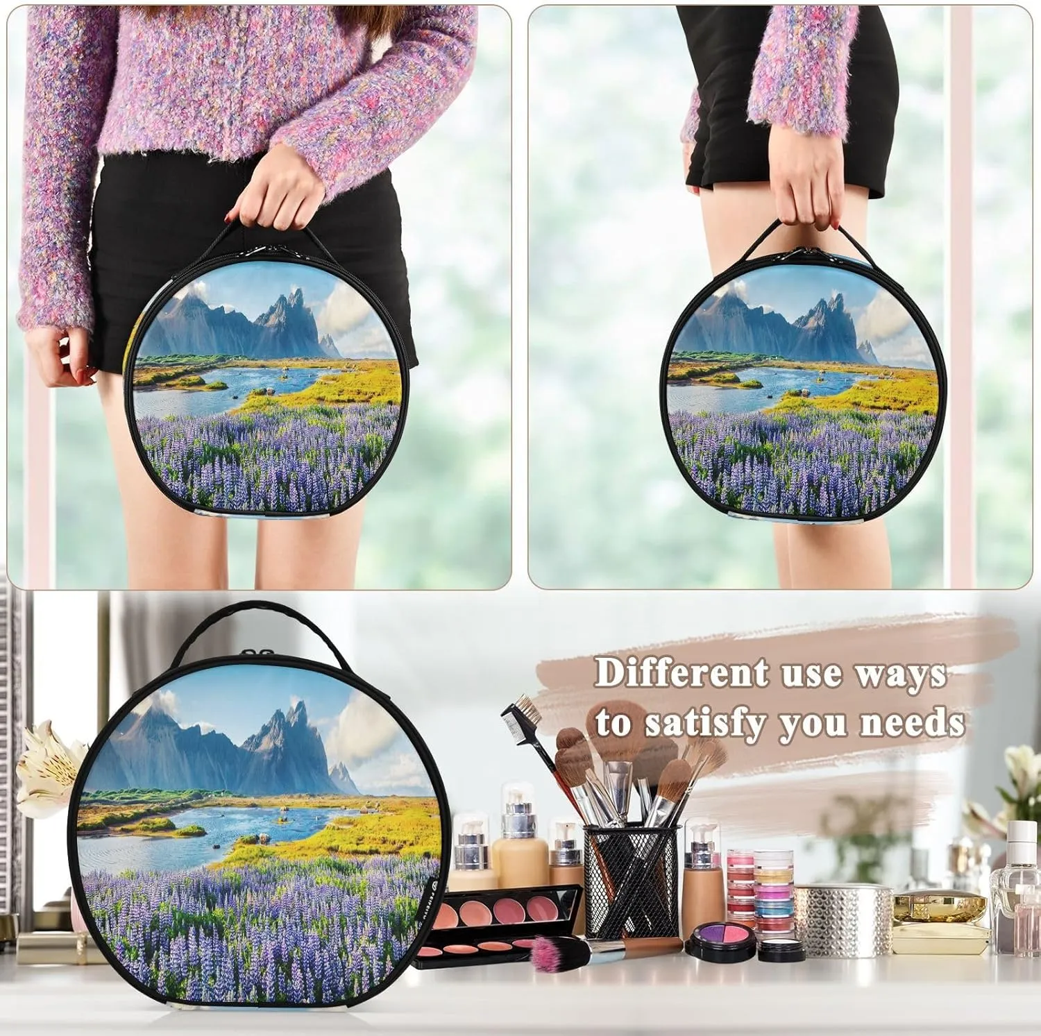 ALAZA Blooming Lupine Flowers on the Stokksnes Headland Portable Cosmetic Bag Large Capacity Makeup Bags