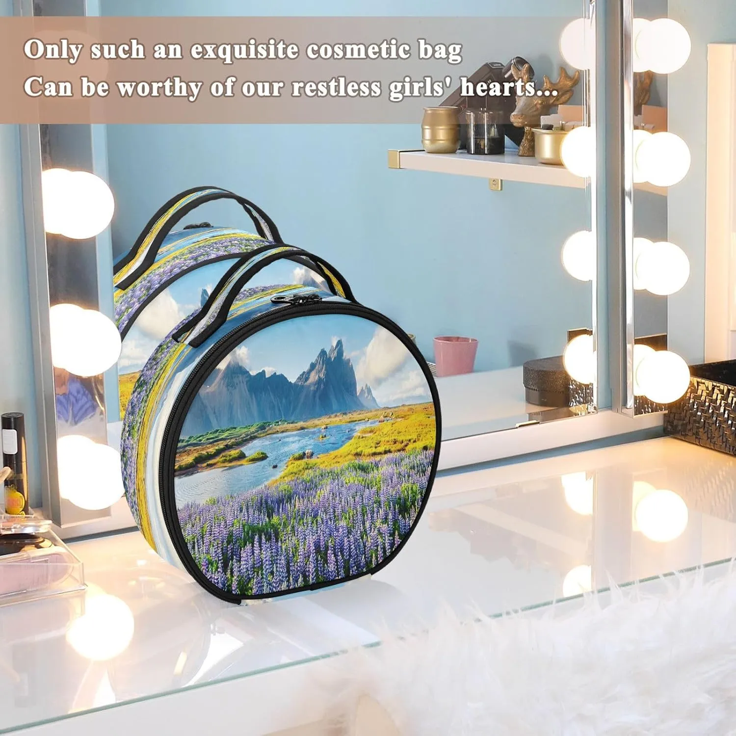ALAZA Blooming Lupine Flowers on the Stokksnes Headland Portable Cosmetic Bag Large Capacity Makeup Bags
