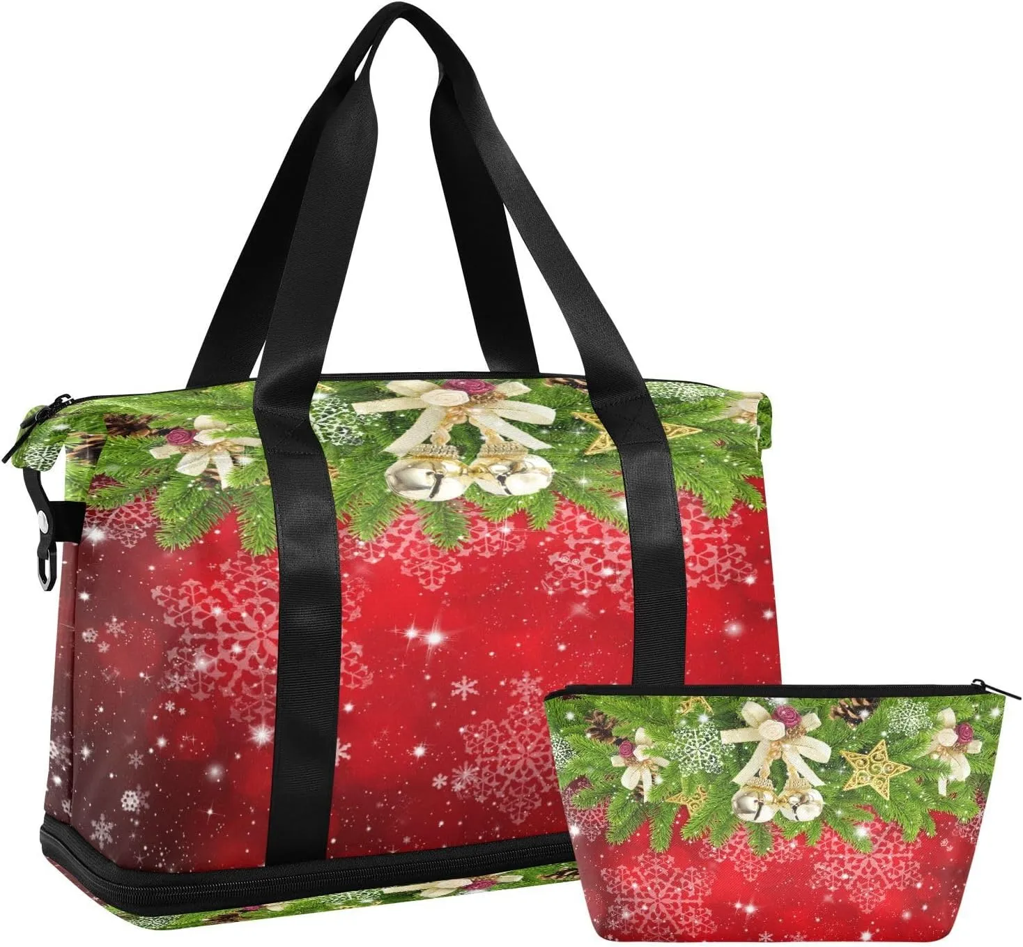 ALAZA Christmas Pine Branch Red Snowflakes Travel Duffel Bag for Women Men Sports Gym Bag with Shoe Compartment Tote Weekender Overnight Bag with Wet Pocket for Travel, Gym,Yoga,Swimming