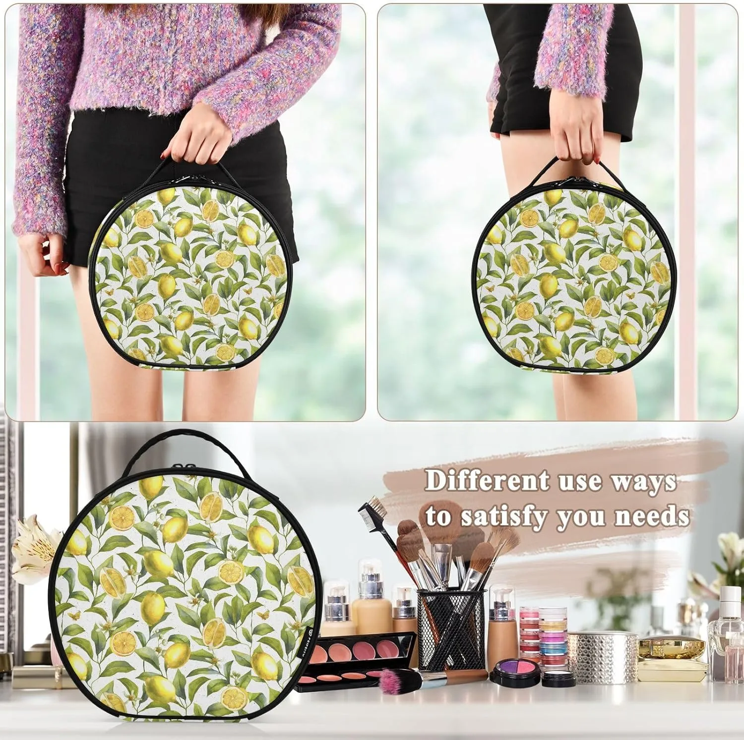 ALAZA Citrus Fruits Lemon Floral Toiletry Bag Travel Makeup Case Organizer for Women