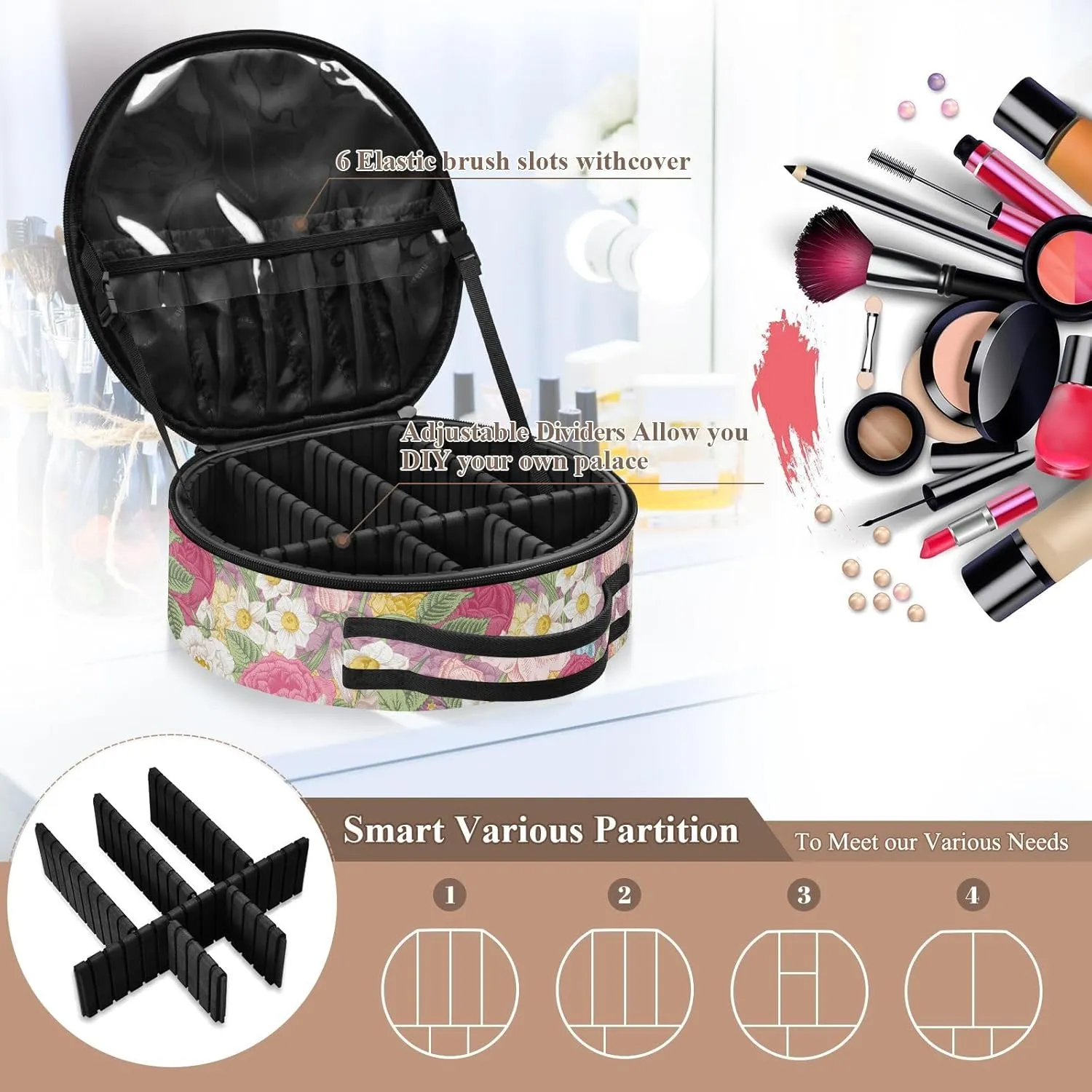 ALAZA Garden Colorful Flowers Roses Tulips Travel Makeup Train Case Makeup Cosmetic Case with Adjustable Dividers