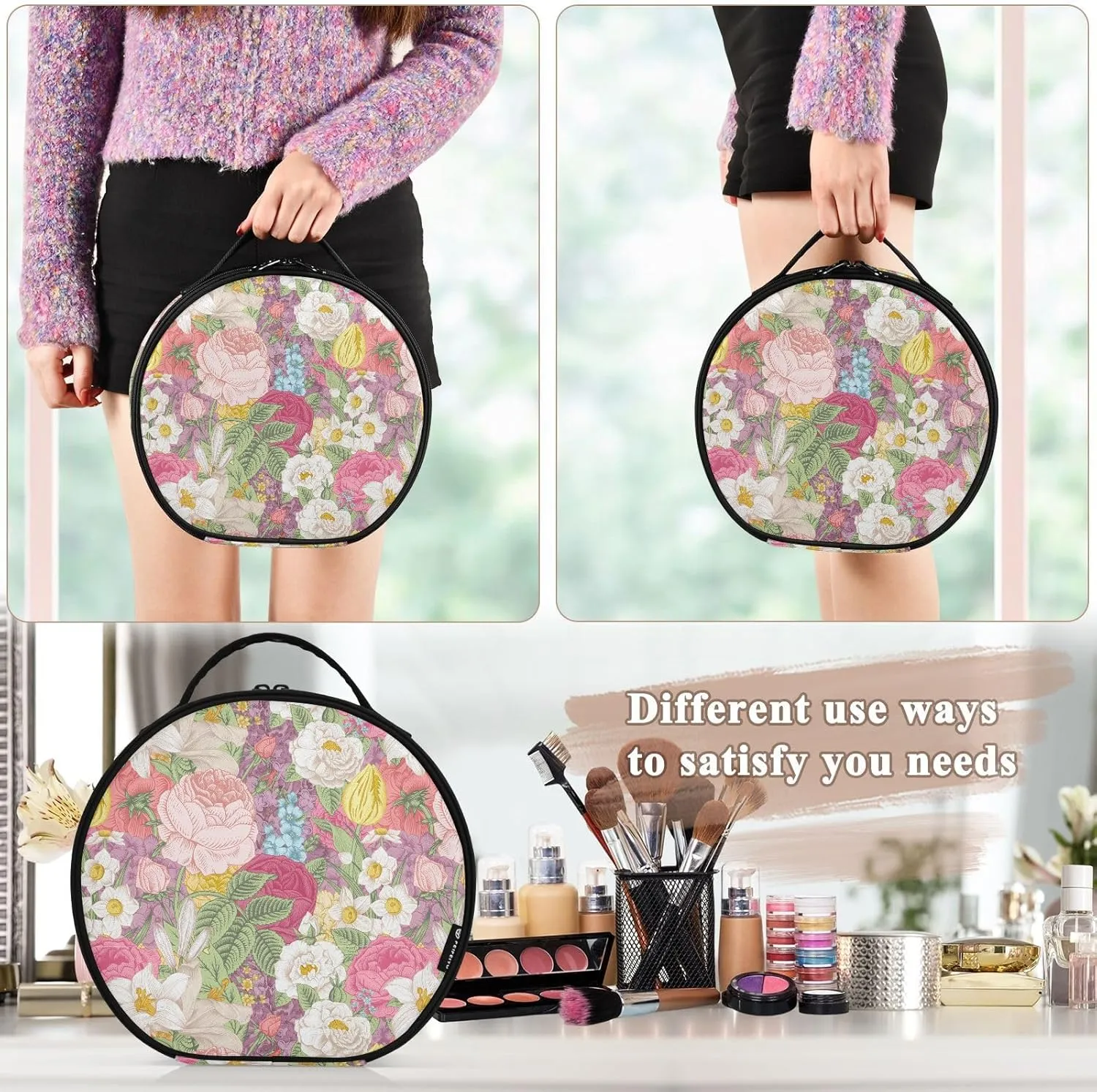 ALAZA Garden Colorful Flowers Roses Tulips Travel Makeup Train Case Makeup Cosmetic Case with Adjustable Dividers