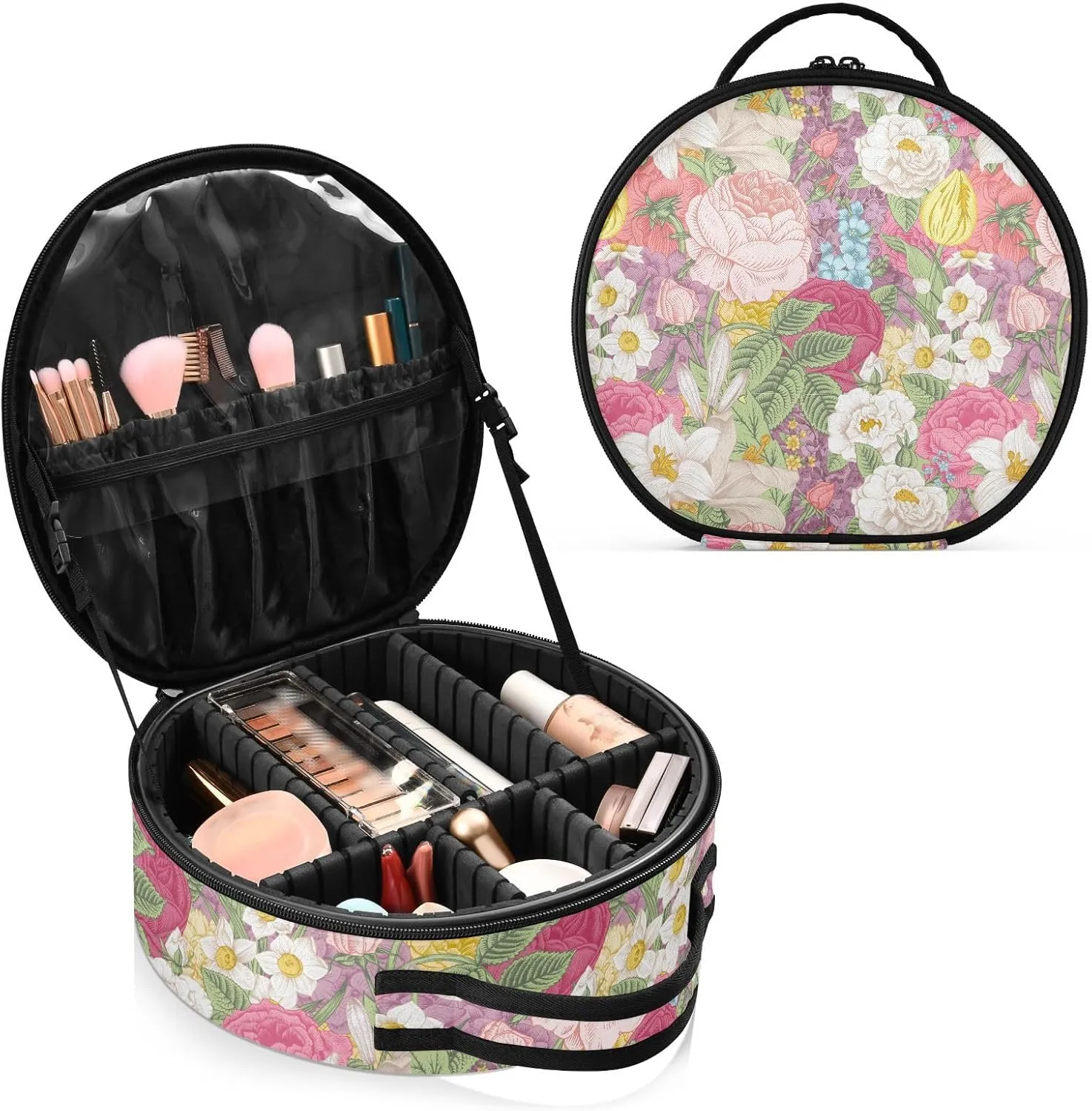 ALAZA Garden Colorful Flowers Roses Tulips Travel Makeup Train Case Makeup Cosmetic Case with Adjustable Dividers