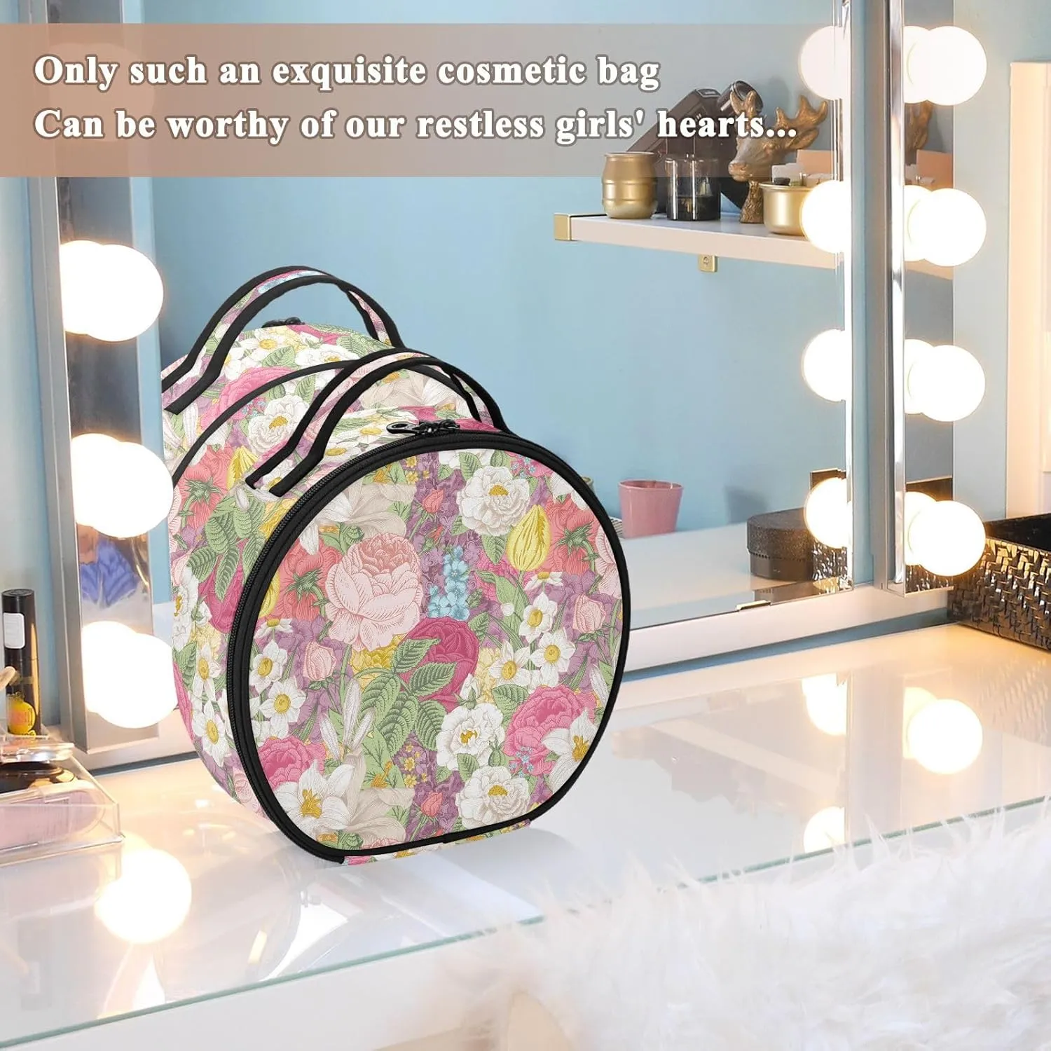 ALAZA Garden Colorful Flowers Roses Tulips Travel Makeup Train Case Makeup Cosmetic Case with Adjustable Dividers