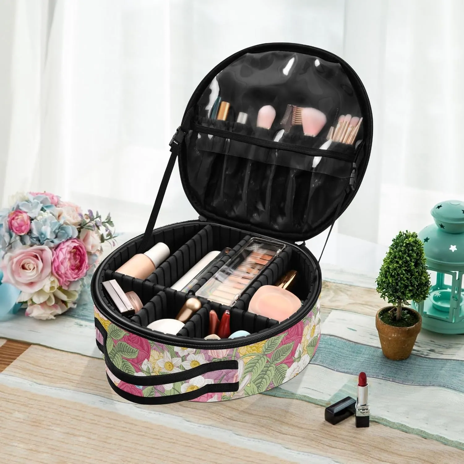 ALAZA Garden Colorful Flowers Roses Tulips Travel Makeup Train Case Makeup Cosmetic Case with Adjustable Dividers