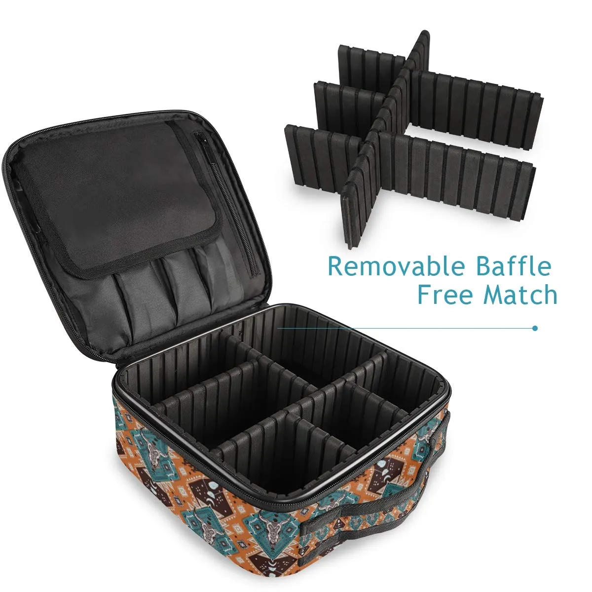 ALAZA Makeup Case Indian Tribal Aztec Ornament Geometric Pattern with Skulls Cosmetic Bag Organizer Travel Portable Storage Toiletry Bag Makeup Train Case with Adjustable Dividers for Women