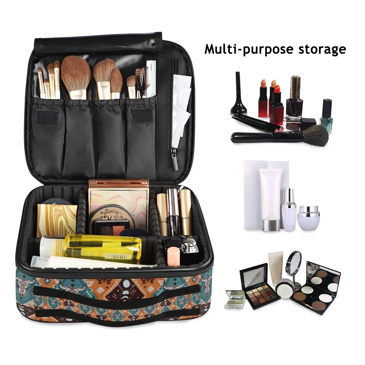 ALAZA Makeup Case Indian Tribal Aztec Ornament Geometric Pattern with Skulls Cosmetic Bag Organizer Travel Portable Storage Toiletry Bag Makeup Train Case with Adjustable Dividers for Women