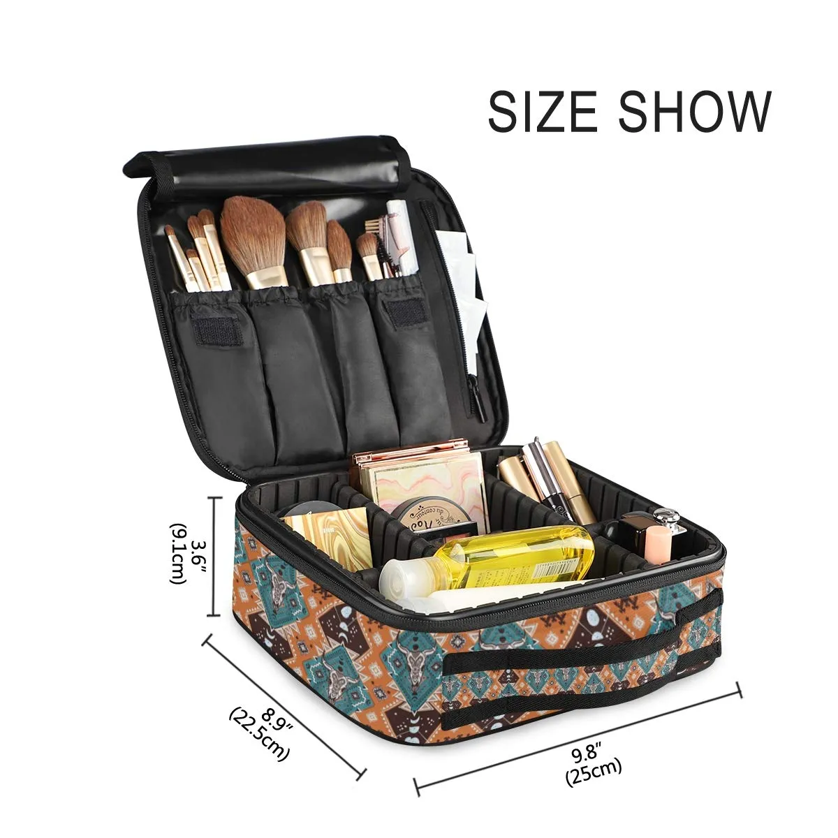 ALAZA Makeup Case Indian Tribal Aztec Ornament Geometric Pattern with Skulls Cosmetic Bag Organizer Travel Portable Storage Toiletry Bag Makeup Train Case with Adjustable Dividers for Women