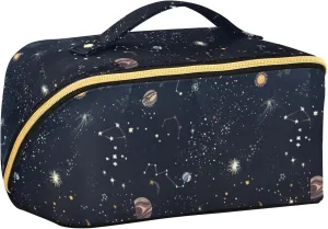 ALAZA Moon Sun Zodiac Star Vintage Makeup Bag Travel Cosmetic Bag Portable Zipper Cosmetic Pouch with Handle and Divider for Women Collage Dorm Business Trip