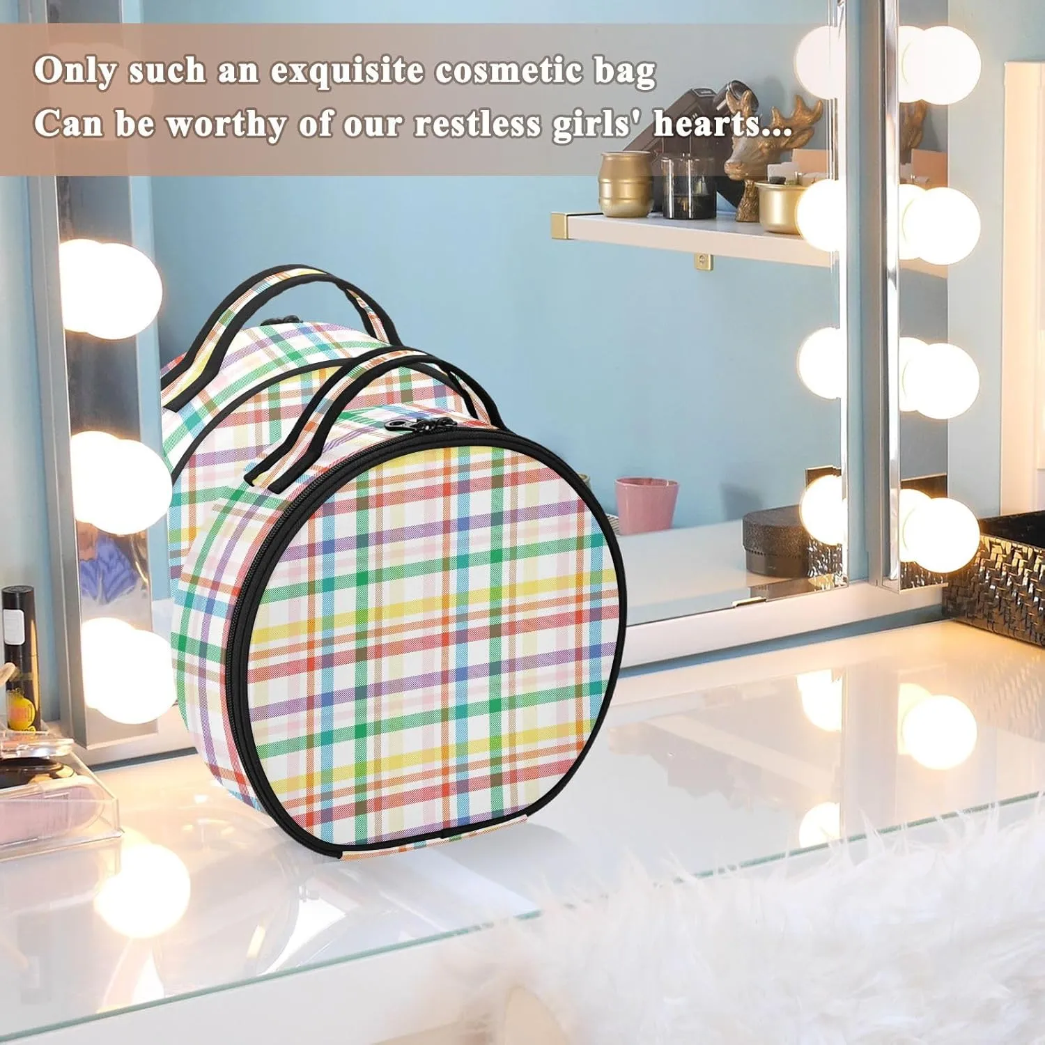 ALAZA Rainbow Tartan Glen Plaid Portable Cosmetic Bag Large Capacity Travel Makeup Case Organizer
