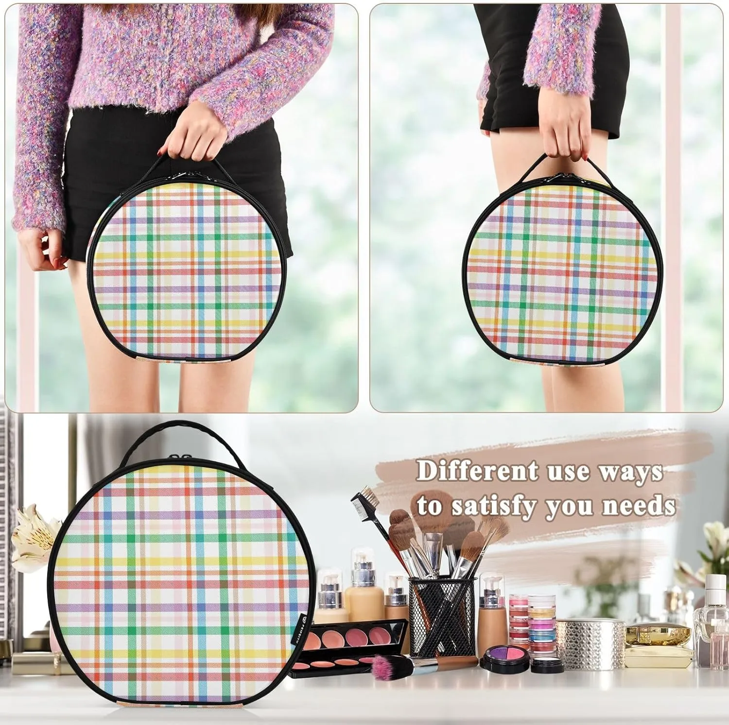 ALAZA Rainbow Tartan Glen Plaid Portable Cosmetic Bag Large Capacity Travel Makeup Case Organizer