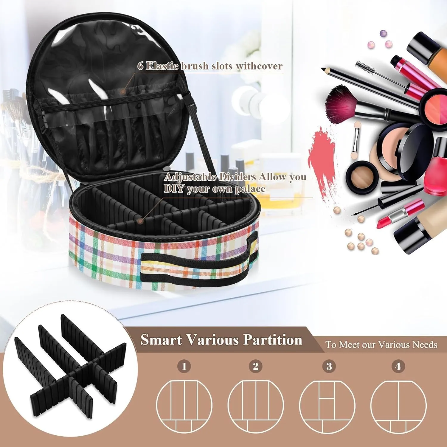 ALAZA Rainbow Tartan Glen Plaid Portable Cosmetic Bag Large Capacity Travel Makeup Case Organizer
