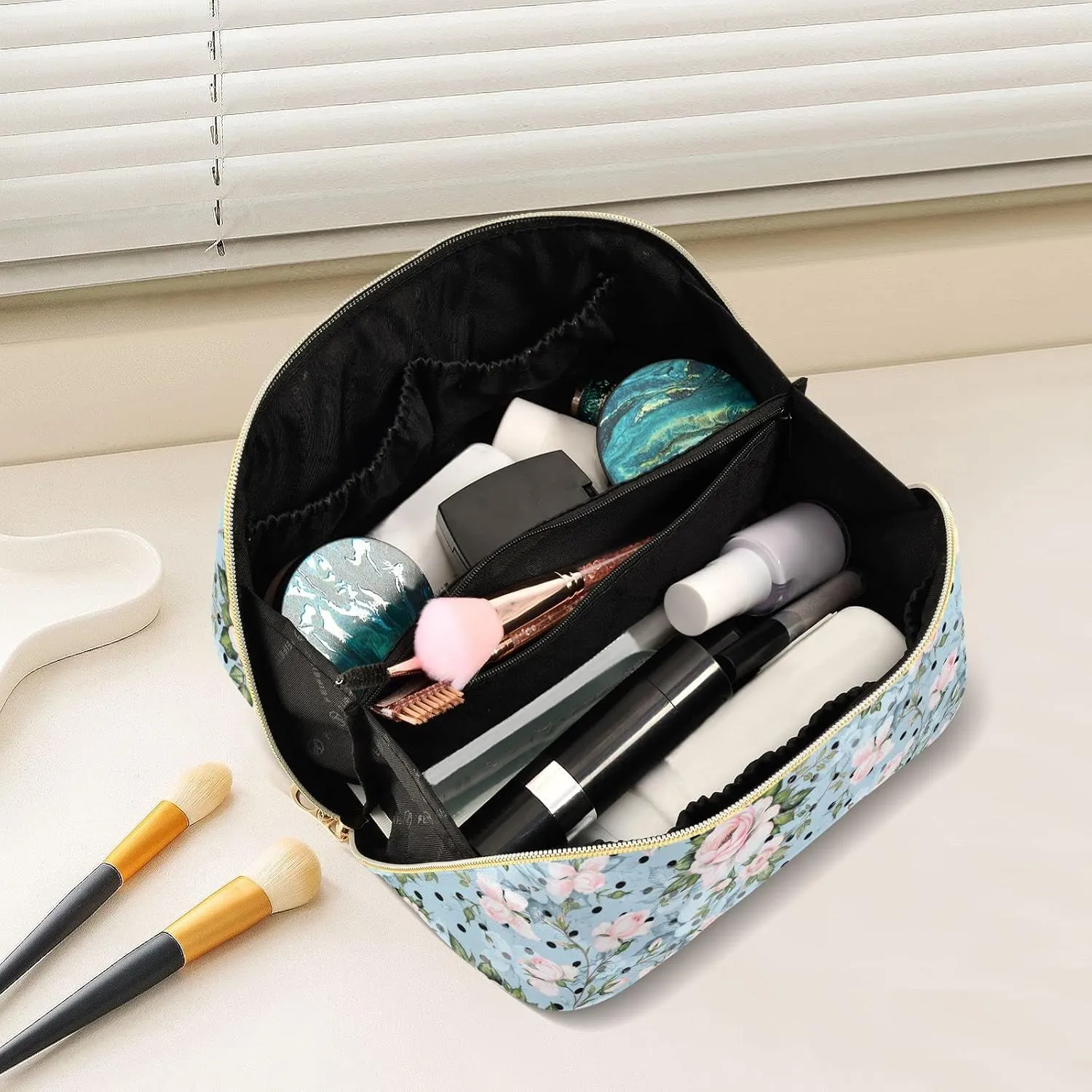 ALAZA Rose Floral Polka Dot Makeup Bag Travel Cosmetic Bag Portable Zipper Cosmetic Pouch with Handle and Divider for Women Collage Dorm Business Trip