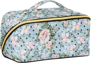 ALAZA Rose Floral Polka Dot Makeup Bag Travel Cosmetic Bag Portable Zipper Cosmetic Pouch with Handle and Divider for Women Collage Dorm Business Trip