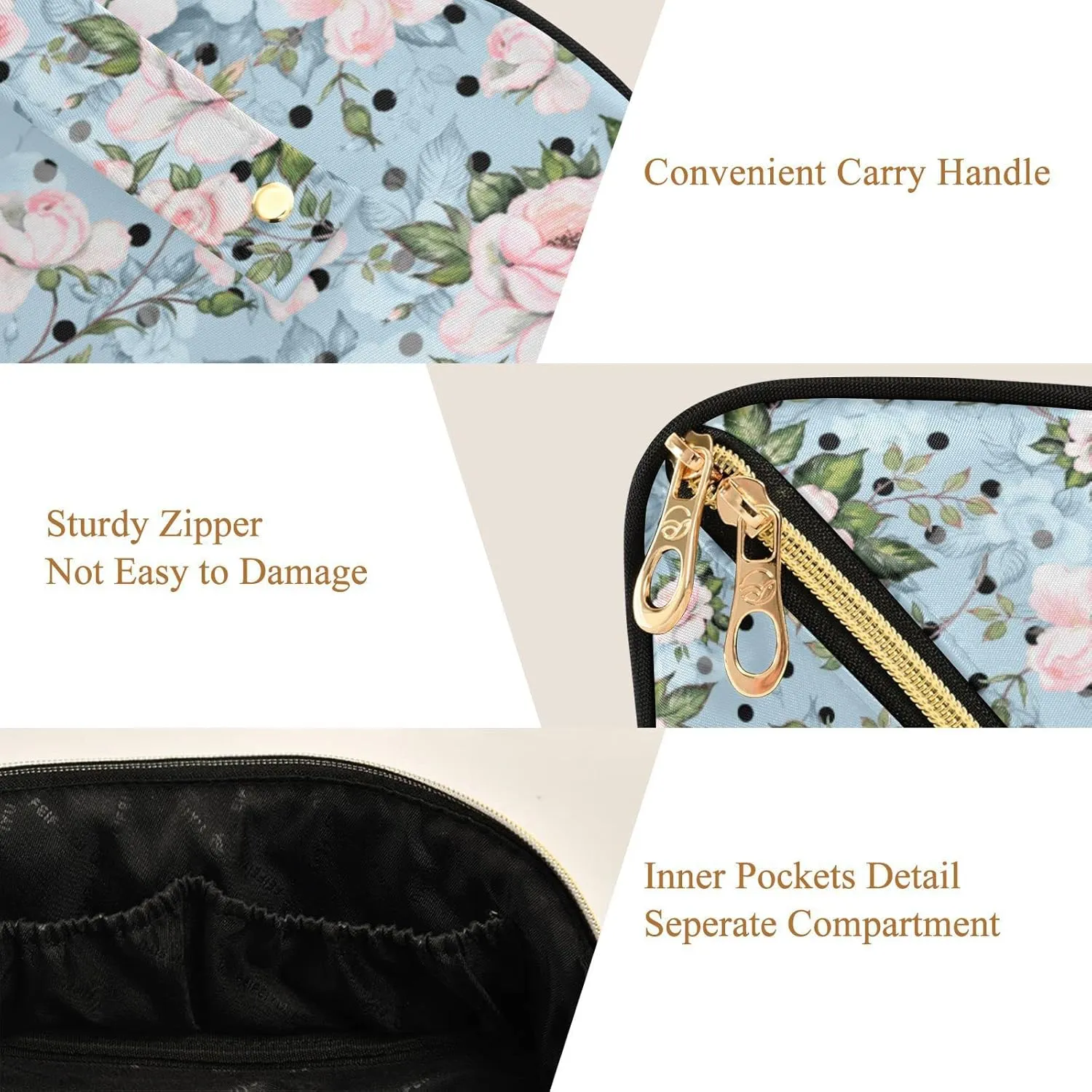ALAZA Rose Floral Polka Dot Makeup Bag Travel Cosmetic Bag Portable Zipper Cosmetic Pouch with Handle and Divider for Women Collage Dorm Business Trip