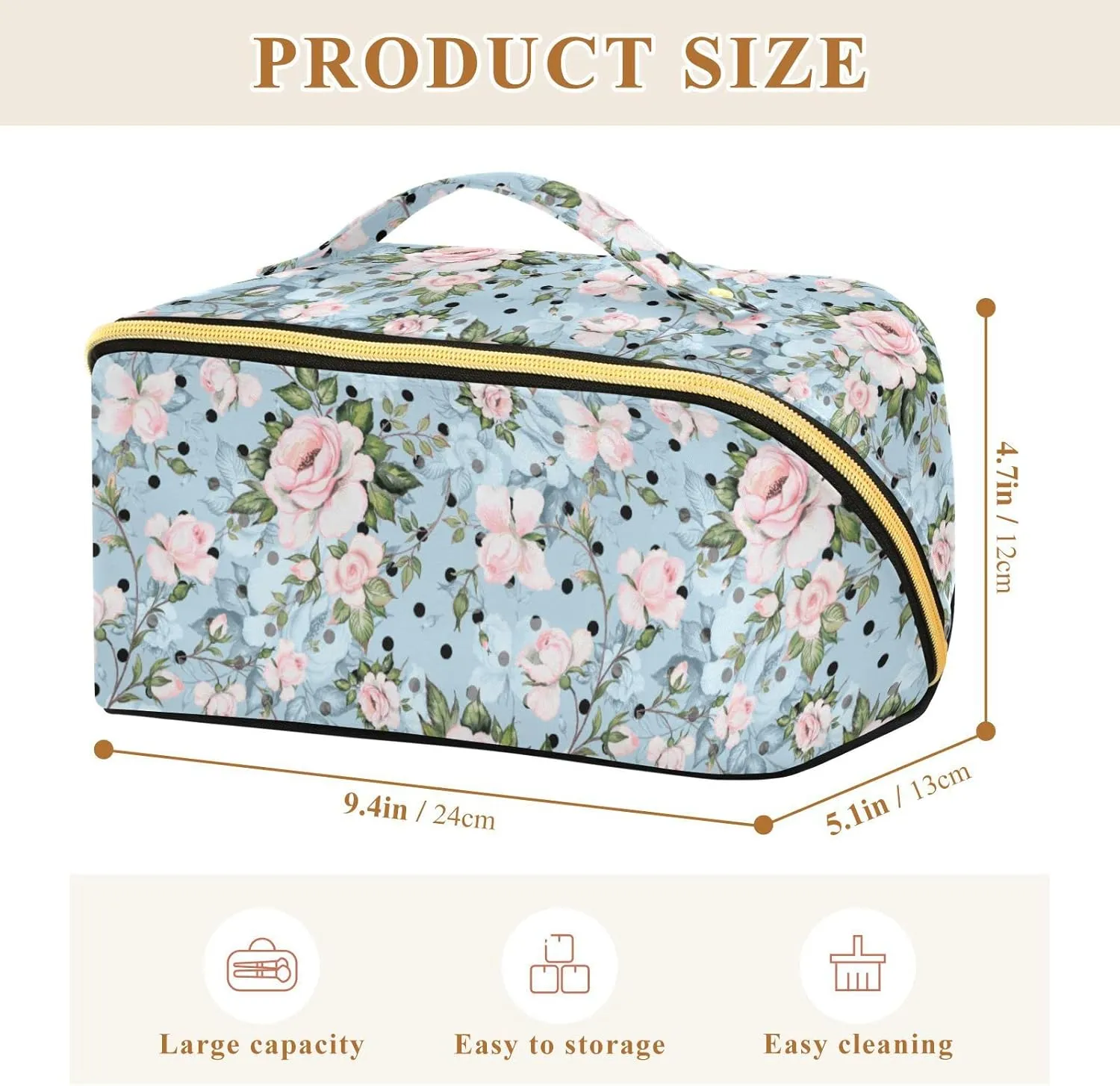 ALAZA Rose Floral Polka Dot Makeup Bag Travel Cosmetic Bag Portable Zipper Cosmetic Pouch with Handle and Divider for Women Collage Dorm Business Trip