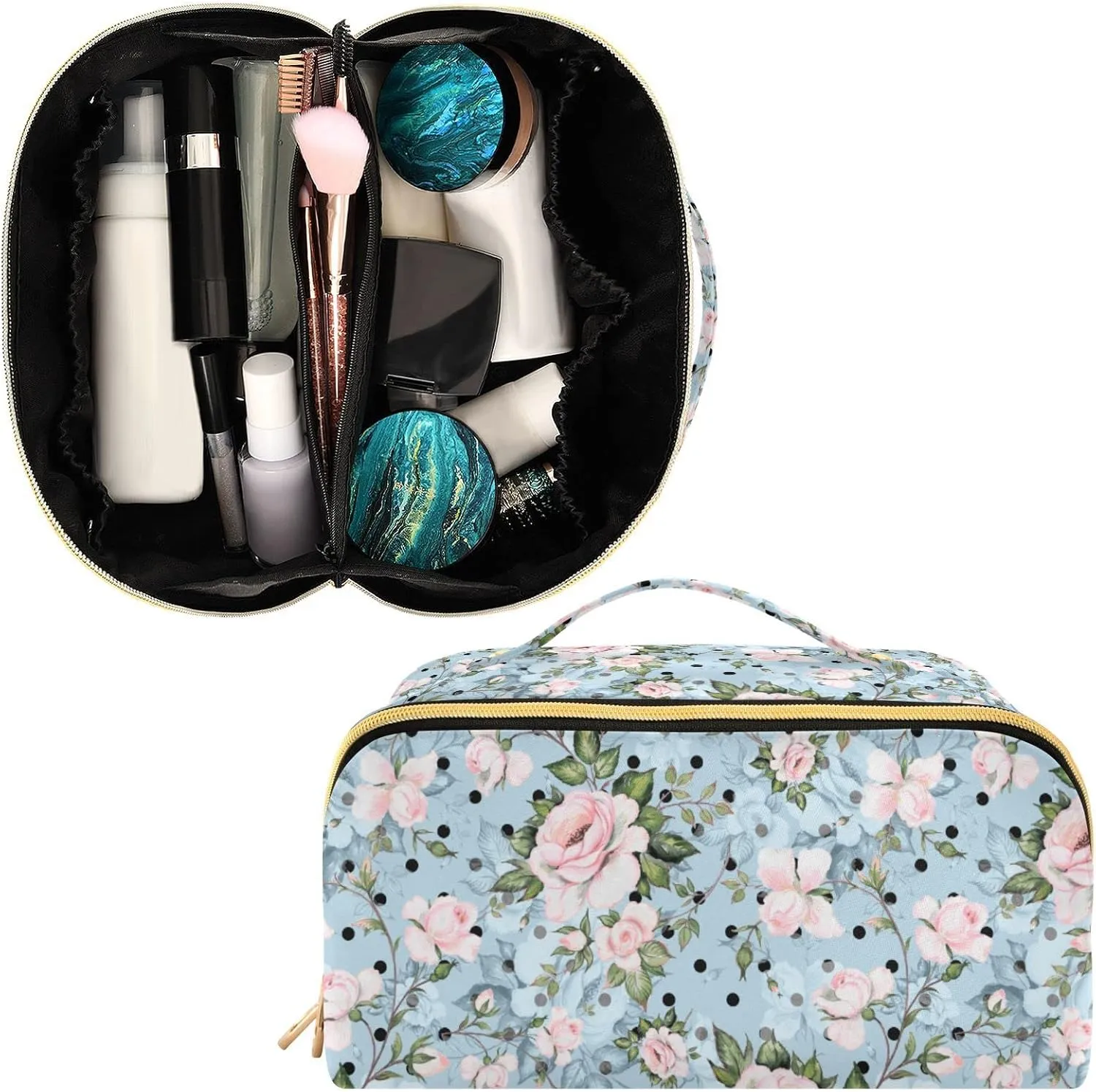 ALAZA Rose Floral Polka Dot Makeup Bag Travel Cosmetic Bag Portable Zipper Cosmetic Pouch with Handle and Divider for Women Collage Dorm Business Trip