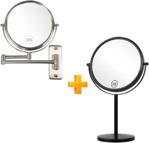 ALHAKIN Wall Mounted Makeup Mirror and Tabletop Mirror, 8 Inch Nickel Extendable Bathroom Mirror and Black 10X Magnifying Makeup Mirror