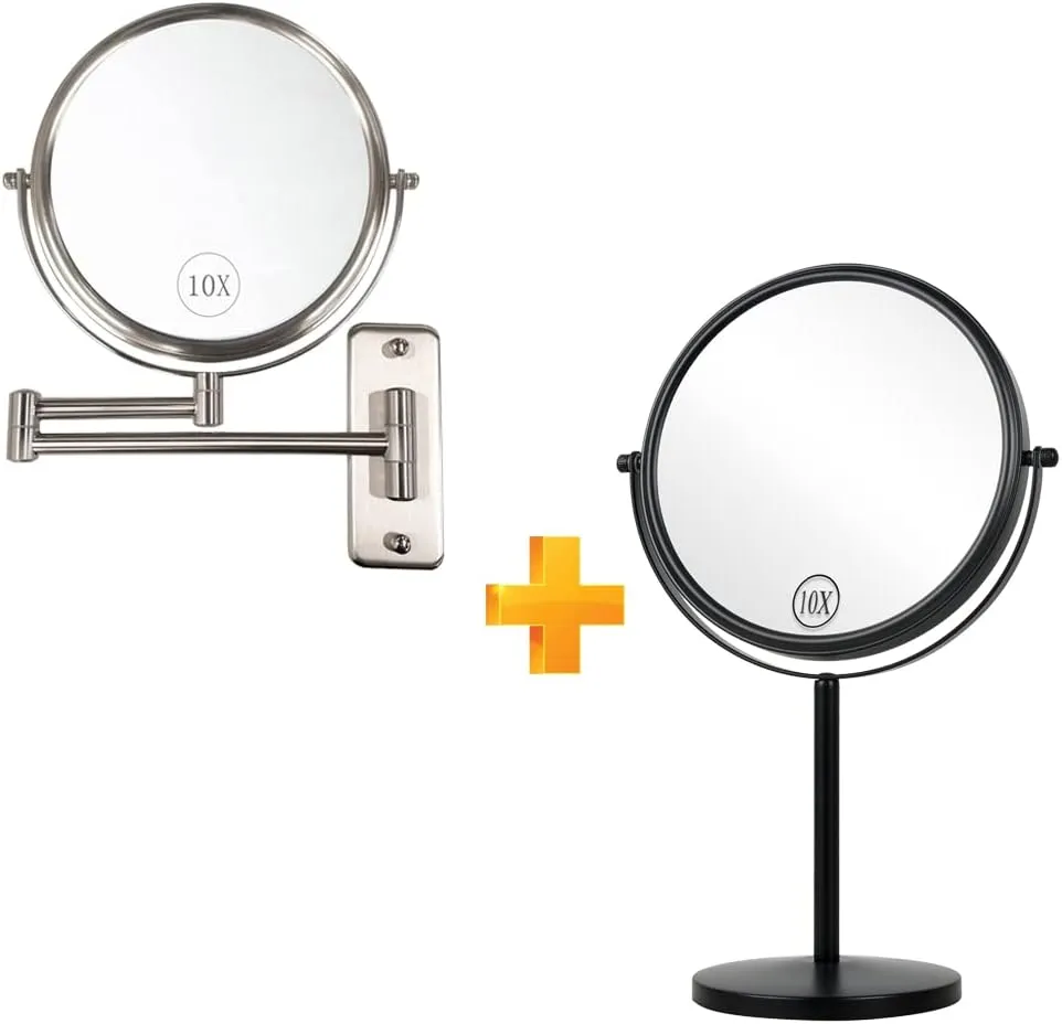 ALHAKIN Wall Mounted Makeup Mirror and Tabletop Mirror, 8 Inch Nickel Extendable Bathroom Mirror and Black 10X Magnifying Makeup Mirror