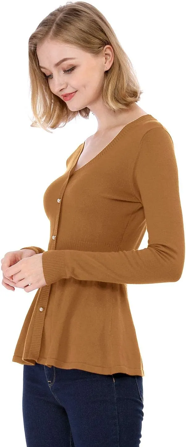 Allegra K Women's Peplum Sweater Ribbed V Neck Long Sleeve Knit Peplum Tops