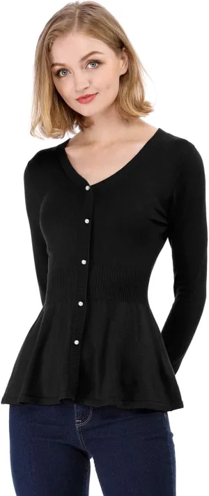 Allegra K Women's Peplum Sweater Ribbed V Neck Long Sleeve Knit Peplum Tops