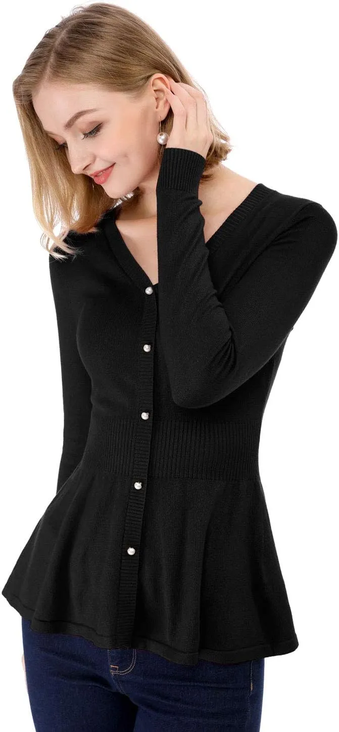 Allegra K Women's Peplum Sweater Ribbed V Neck Long Sleeve Knit Peplum Tops