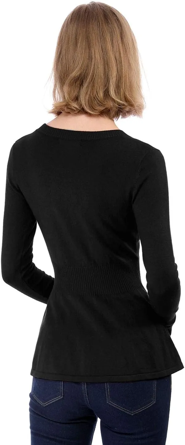 Allegra K Women's Peplum Sweater Ribbed V Neck Long Sleeve Knit Peplum Tops