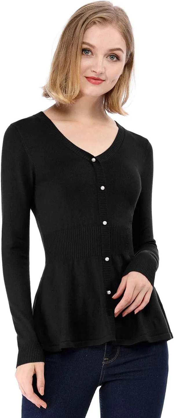 Allegra K Women's Peplum Sweater Ribbed V Neck Long Sleeve Knit Peplum Tops