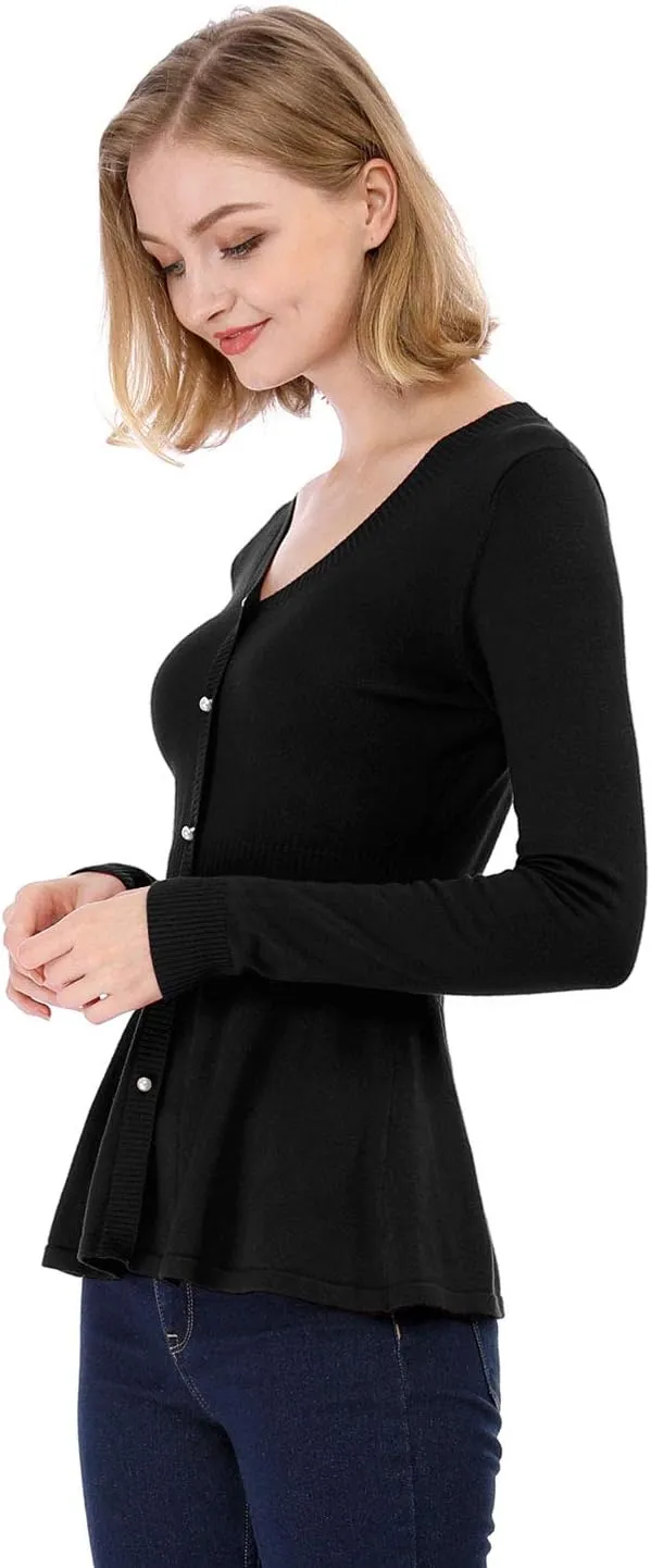 Allegra K Women's Peplum Sweater Ribbed V Neck Long Sleeve Knit Peplum Tops