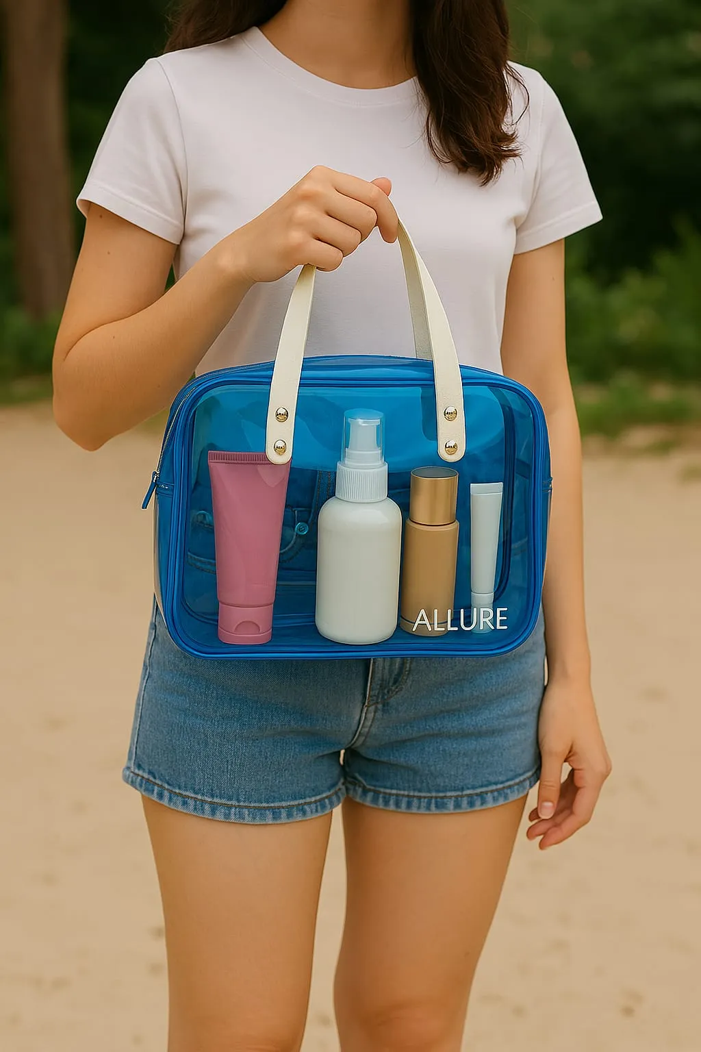 Allure Transparent Blue Travel Toiletry Bag with White Handles (AHBB_04)