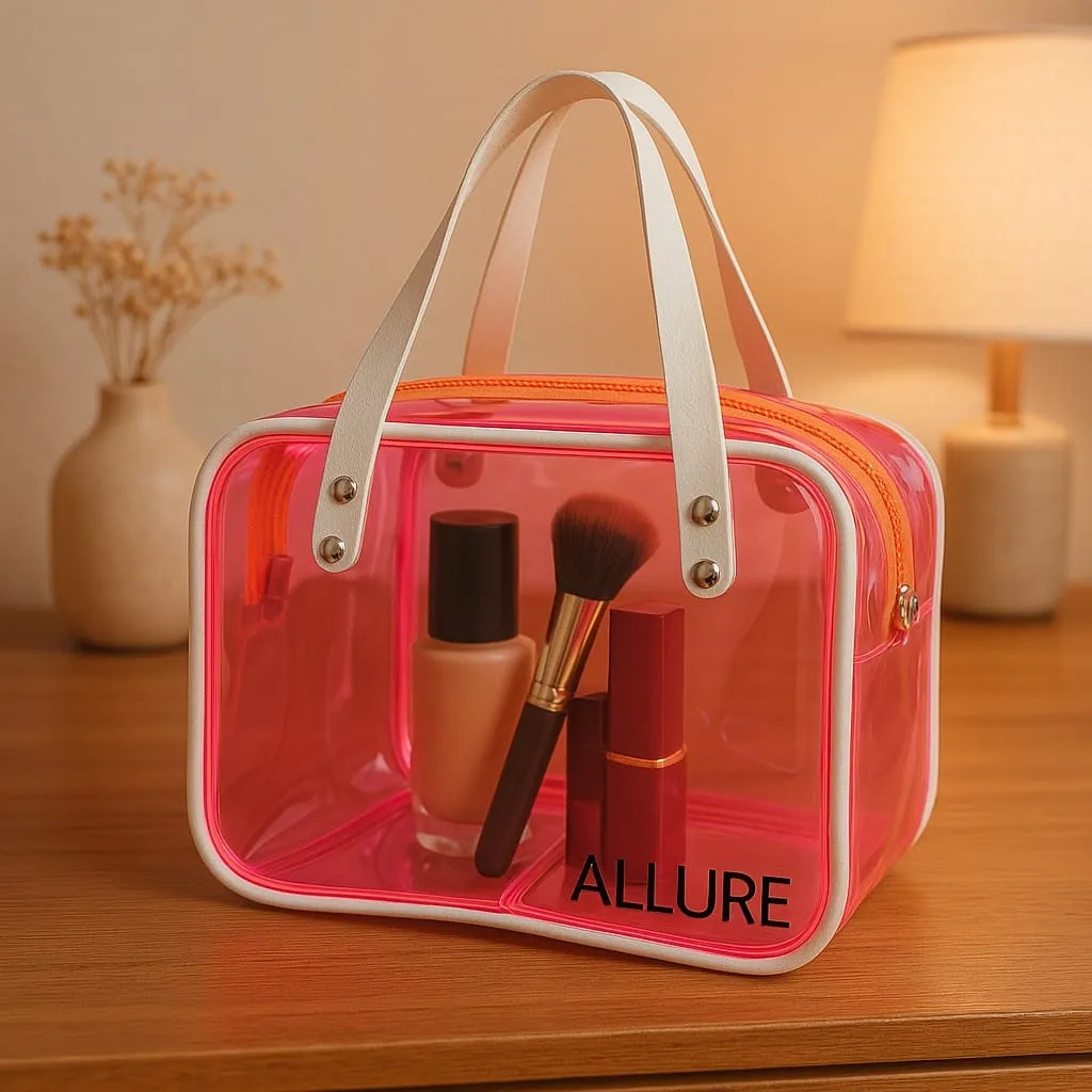Allure Transparent Pink Travel Toiletry Bag with White Handles (AHBP_06)