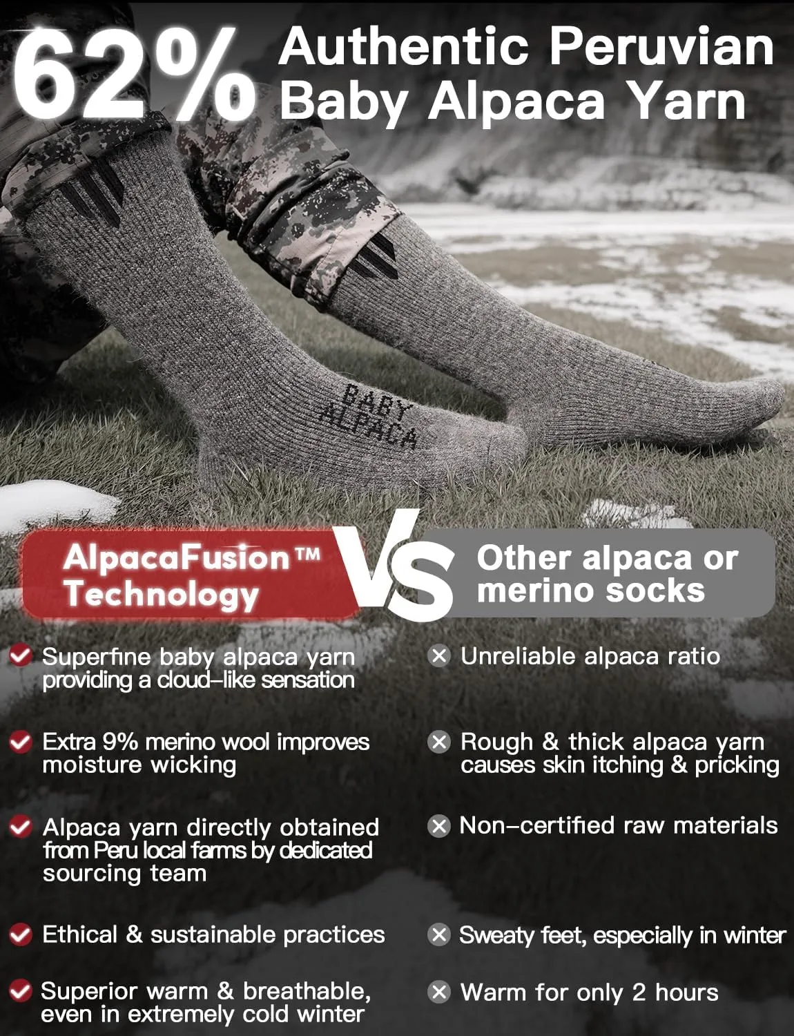Alpaca Wool Boot Socks 2 pairs for Men and Women,Thick Thermal Winter Socks Cold Weather Hunting Hiking,Moisture Wicking