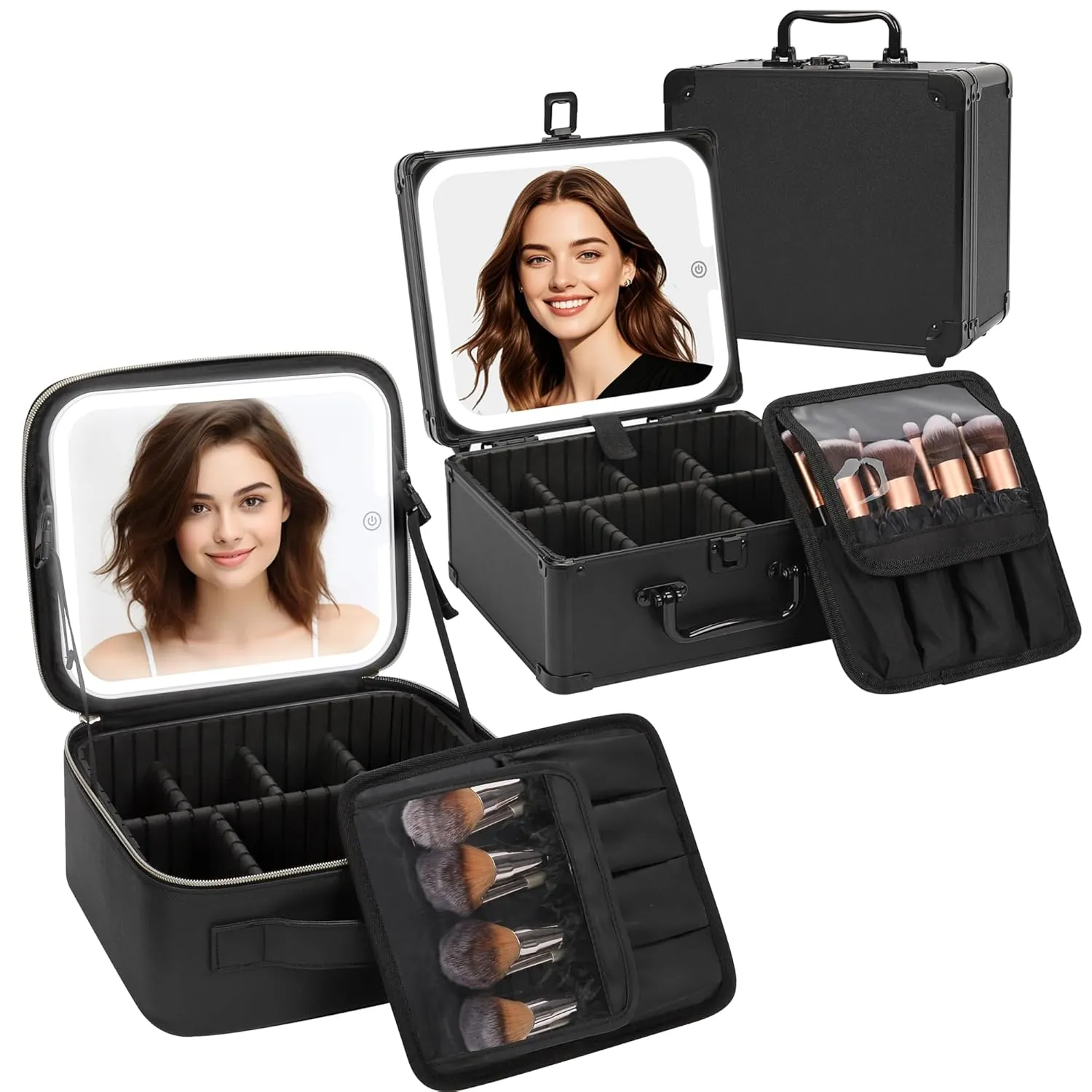 Aluminum Case and Makeup Bag With LED Mirror, Travel Makeup Case with Light up Mirror Large Cosmetic Case with 3 Color Lighted